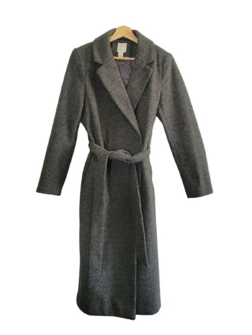 H&M Herringbone Wrap Coat Charcoal Gray Long Sz M Classic
